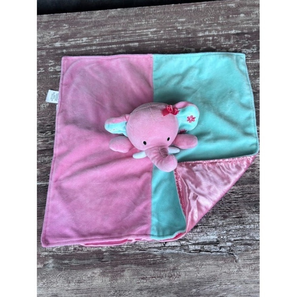 Okie Dokie Lovey Security Blanket Plush Rattle Elephant Satin Flower Pink Blue